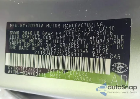 2010 Toyota Corolla Le from USA, damaged, VIN 2T1BU4EE2AC499111